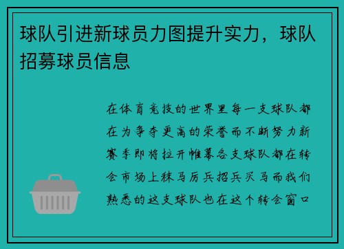 球队引进新球员力图提升实力，球队招募球员信息