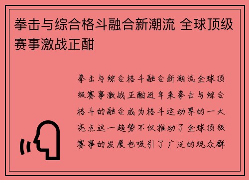 拳击与综合格斗融合新潮流 全球顶级赛事激战正酣